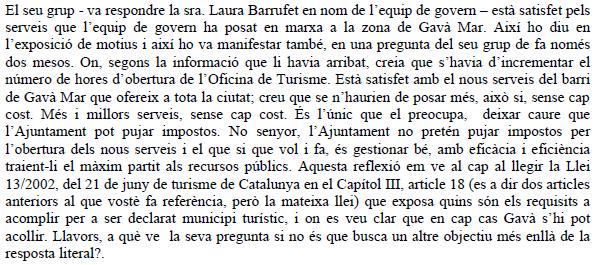 Contundent resposta de l'Equip de Govern de l'Ajuntament de Gavà a un prec de Ciutadans-Gavà sobre la possibilitat que Gav apliqui una pujada d'impostos per ser municipi turstic (30 de setembre de 2010)